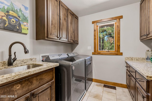 7500 E Old Walnut Canyon Rd, Flagstaff, AZ 86004 - clothes washing area with a sink, washing machine and clothes dryer, baseboards, visible vents, and cabinet space