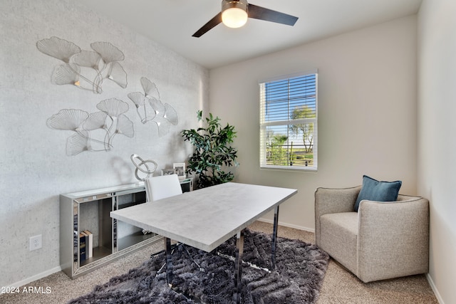 office area with ceiling fan and carpet floors