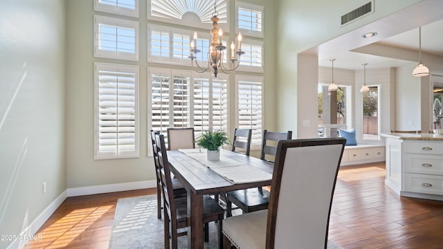 dining area with visible vents, baseboards, plenty of natural light, and wood finished floors