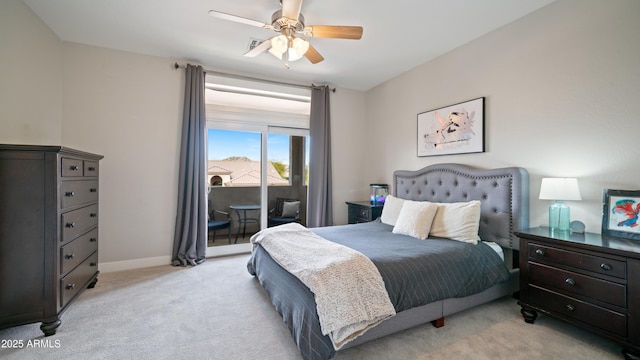 bedroom with baseboards, light colored carpet, ceiling fan, and access to outside