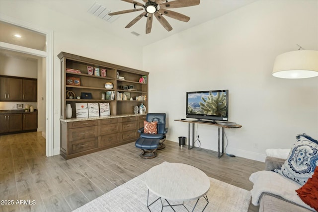 17413 E Hidden Green Ct, Rio Verde, AZ 85263 - sitting room with baseboards, visible vents, light wood-style floors, and ceiling fan