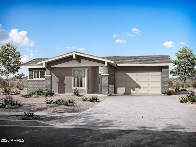 view of front facade featuring brick siding, stucco siding, concrete driveway, and a garage