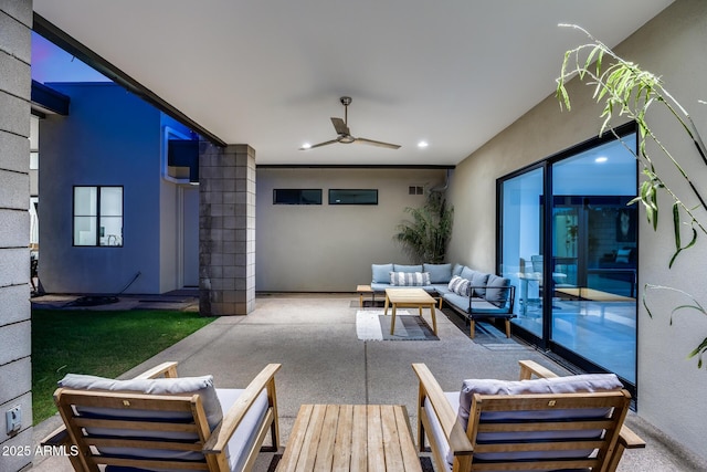 view of patio / terrace with visible vents, ceiling fan, and an outdoor living space