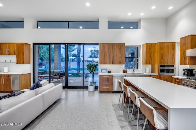 kitchen with brown cabinets, appliances with stainless steel finishes, a sink, a towering ceiling, and modern cabinets