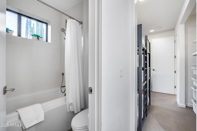 full bathroom featuring recessed lighting, tile patterned floors, shower / bath combo, and toilet