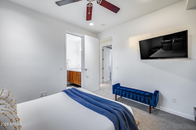 bedroom featuring ceiling fan, visible vents, light colored carpet, baseboards, and recessed lighting