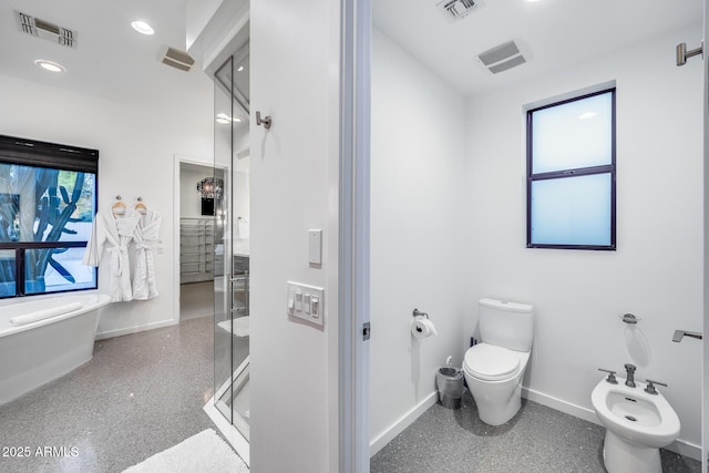 full bathroom with baseboards, a shower stall, and visible vents