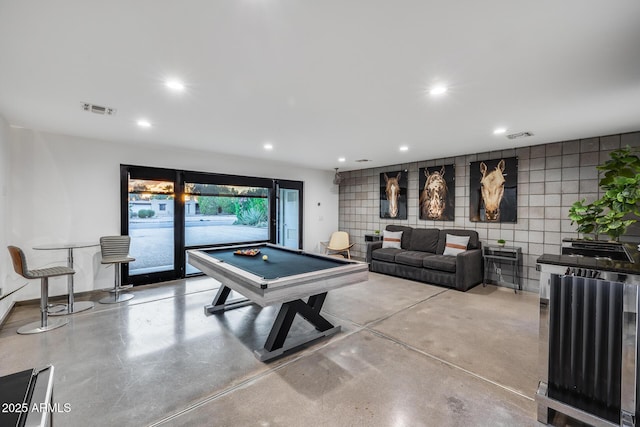 recreation room with visible vents, recessed lighting, billiards, and concrete flooring