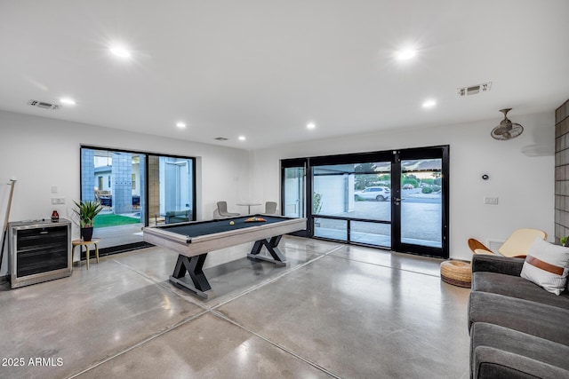 playroom with visible vents, finished concrete flooring, pool table, beverage cooler, and recessed lighting