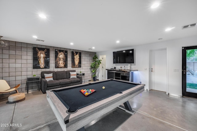 recreation room featuring pool table, recessed lighting, and visible vents