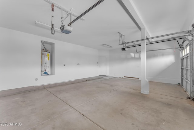 garage with water heater and a garage door opener