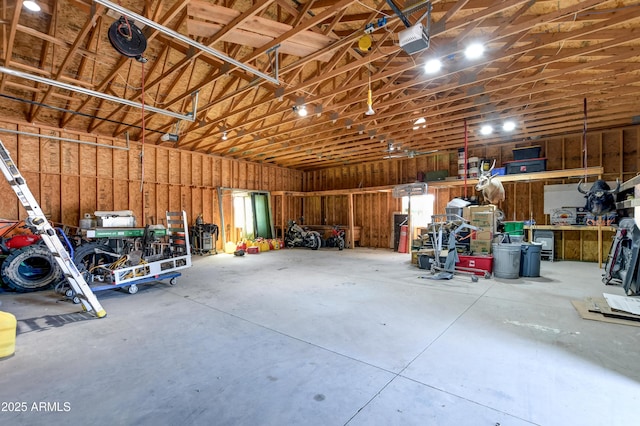 garage featuring a workshop area and a garage door opener