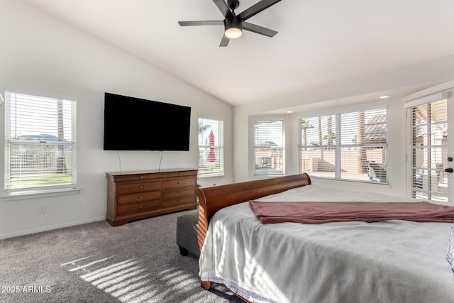 bedroom with carpet flooring, ceiling fan, and lofted ceiling