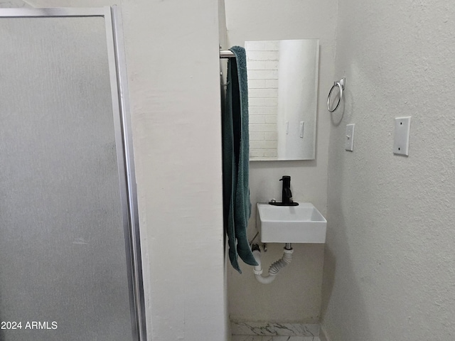 room details featuring walk in shower and sink