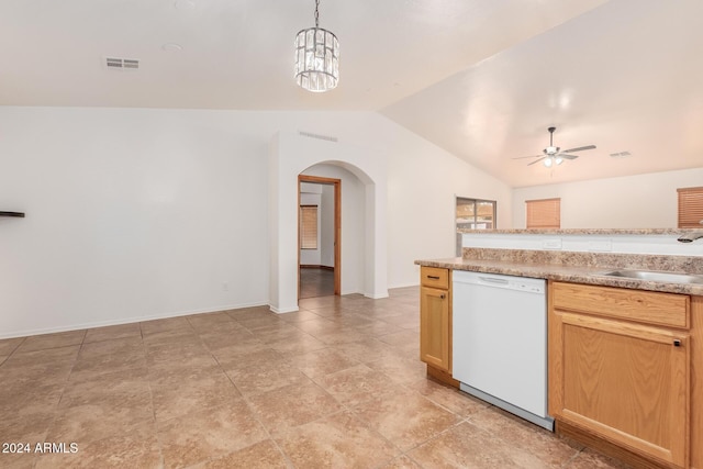 kitchen featuring white dishwasher, ceiling fan with notable chandelier, sink, vaulted ceiling, and decorative light fixtures