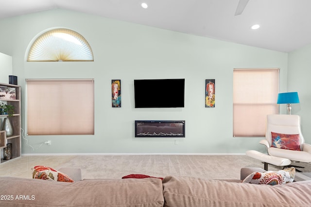 living room featuring vaulted ceiling, light carpet, baseboards, and recessed lighting