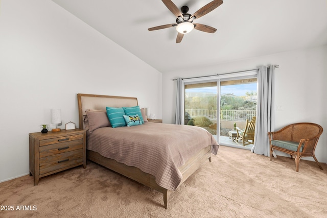 bedroom with access to exterior, lofted ceiling, light colored carpet, and ceiling fan