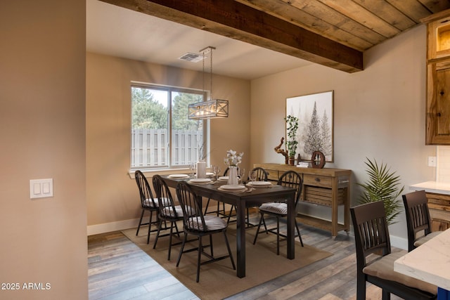 5974 E Elk Spgs, Lakeside, AZ 85929 - dining area featuring a chandelier, baseboards, light wood-type flooring, and wooden ceiling with exposed beams
