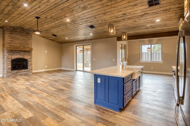 5974 E Elk Spgs, Lakeside, AZ 85929 - kitchen featuring blue cabinets, a sink, open floor plan, a ceiling fan, and wooden ceiling