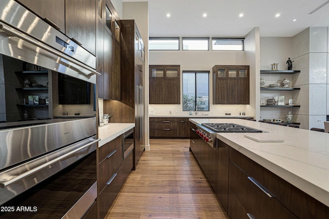 kitchen featuring stainless steel appliances, dark brown cabinetry, open shelves, and modern cabinets