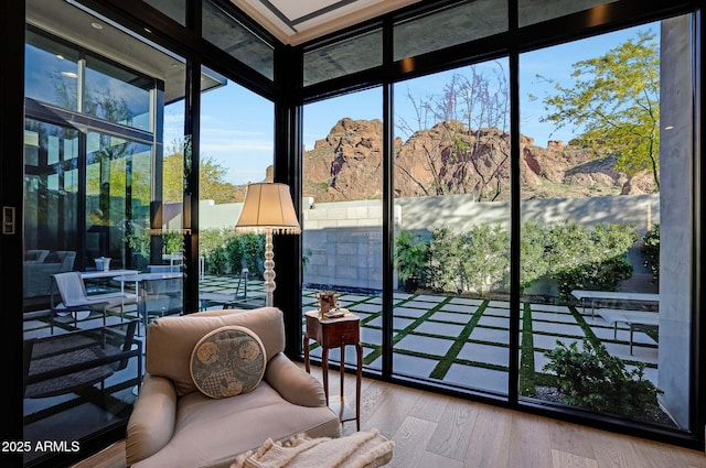 entryway featuring expansive windows and wood-type flooring