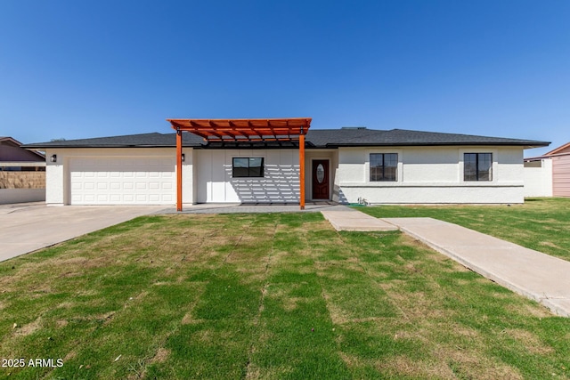 view of front facade featuring driveway, a pergola, stucco siding, a front lawn, and a garage