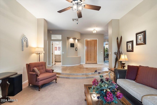 living room featuring ceiling fan