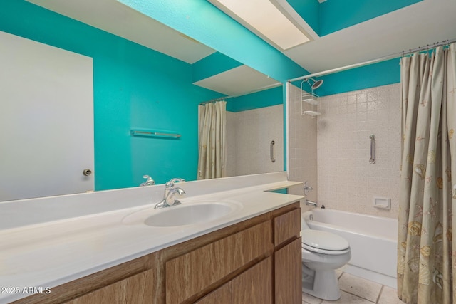 full bathroom featuring toilet, vanity, tile patterned floors, and shower / bath combo with shower curtain