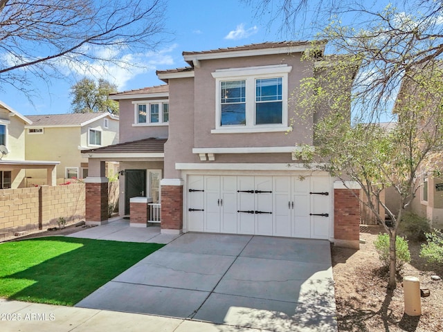 view of front of home featuring stucco siding, driveway, fence, an attached garage, and a tiled roof