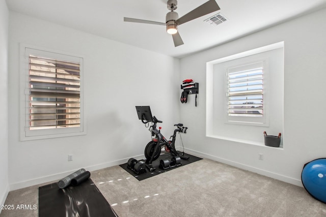 workout room featuring ceiling fan and carpet flooring