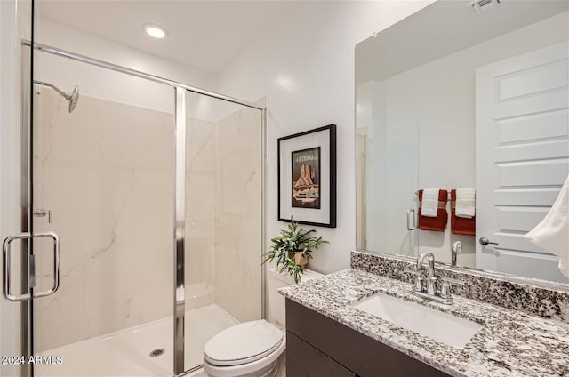 bathroom featuring visible vents, a shower stall, toilet, recessed lighting, and vanity