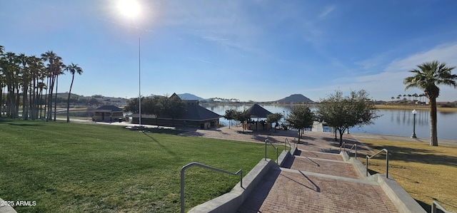 view of yard with a water view