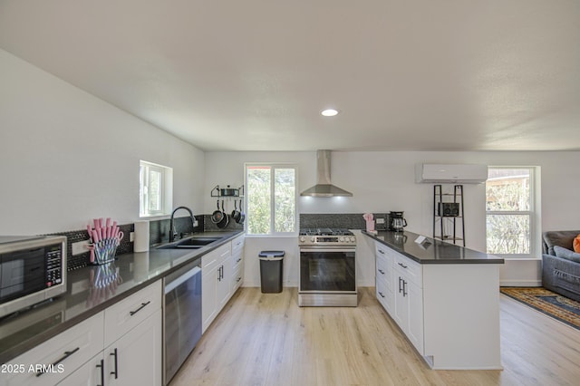 520 S Macdonald, Mesa, AZ 85210 - kitchen featuring wall chimney exhaust hood, stainless steel appliances, a sink, a peninsula, and light wood-type flooring