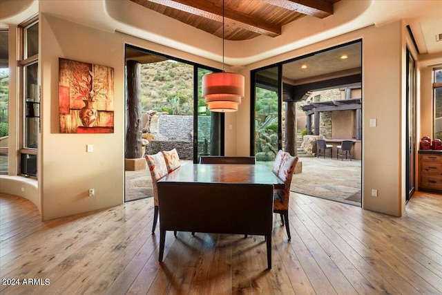 dining area featuring beam ceiling, hardwood / wood-style flooring, wood ceiling, and a raised ceiling