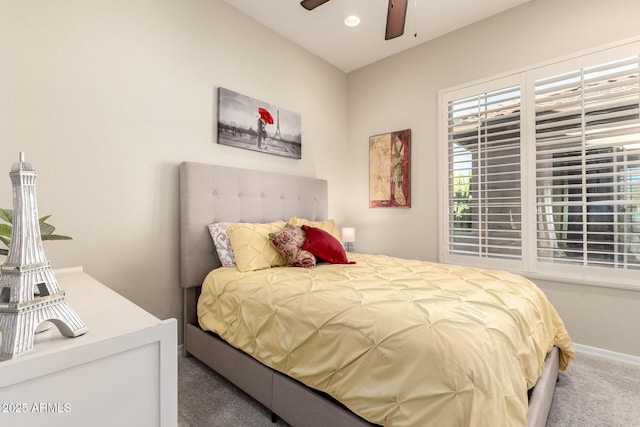 bedroom with a ceiling fan, baseboards, recessed lighting, and carpet