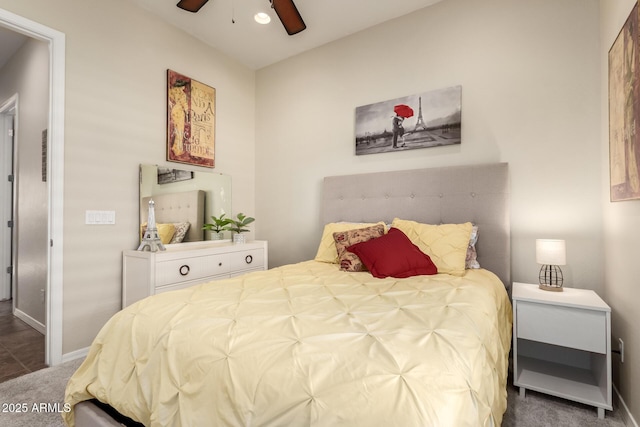 bedroom with a ceiling fan, baseboards, recessed lighting, and carpet