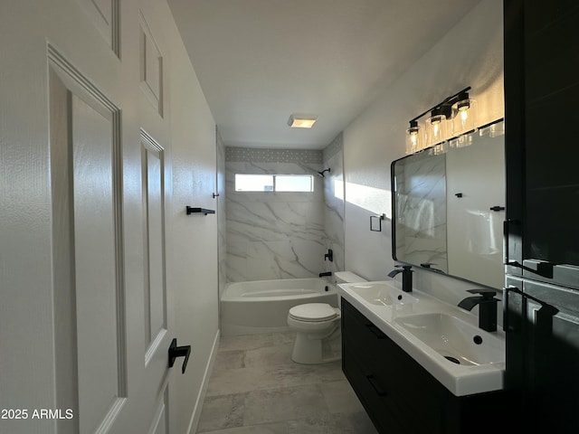 full bathroom with toilet, tiled shower / bath combo, and vanity