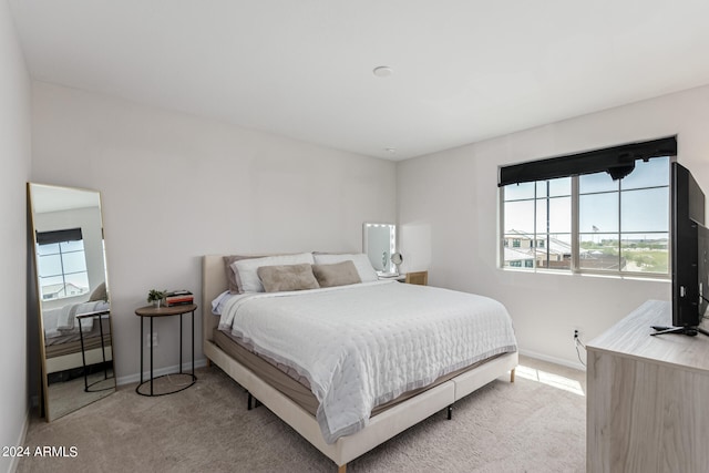 bedroom with light colored carpet and multiple windows