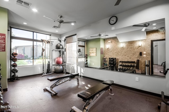 workout area with visible vents, recessed lighting, baseboards, and ceiling fan