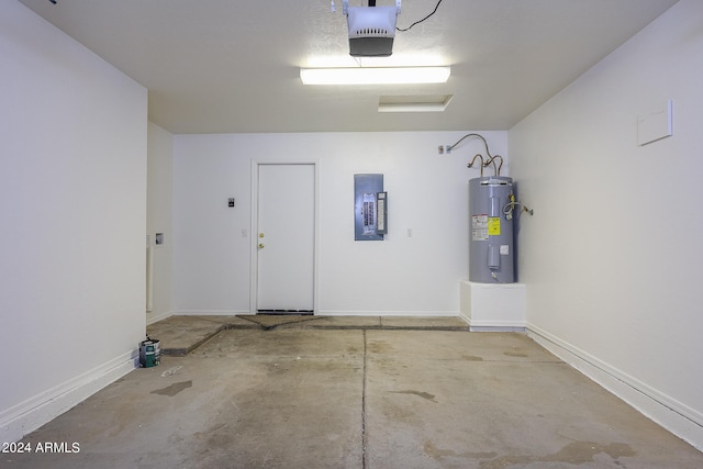 garage featuring electric water heater, electric panel, and a garage door opener