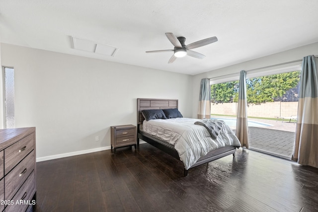 bedroom featuring dark hardwood / wood-style flooring, access to exterior, and ceiling fan