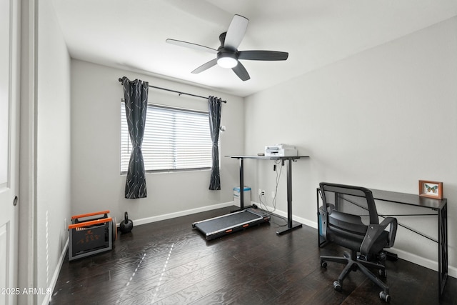 home office with ceiling fan and dark hardwood / wood-style flooring