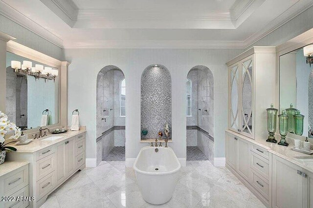 bathroom featuring a tray ceiling, vanity, crown molding, and independent shower and bath