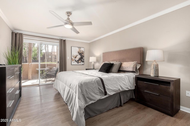 bedroom with light wood finished floors, baseboards, ornamental molding, access to outside, and a ceiling fan