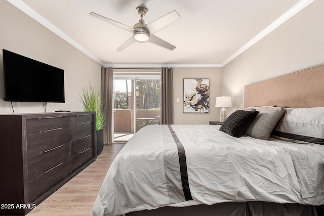 bedroom with crown molding, access to exterior, ceiling fan, and wood finished floors