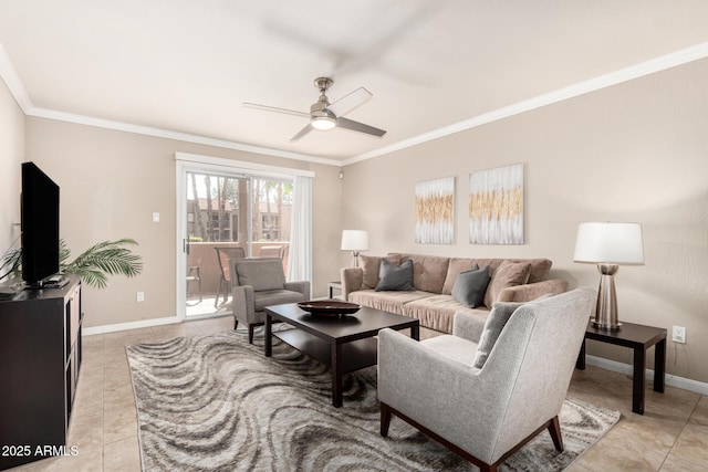 living area with baseboards, ceiling fan, light tile patterned flooring, and ornamental molding