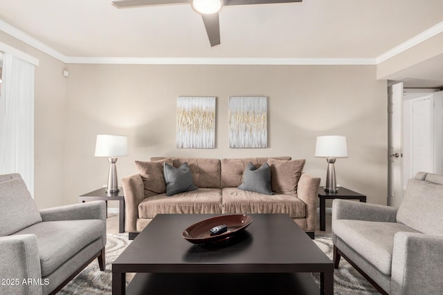 living room featuring ceiling fan and crown molding