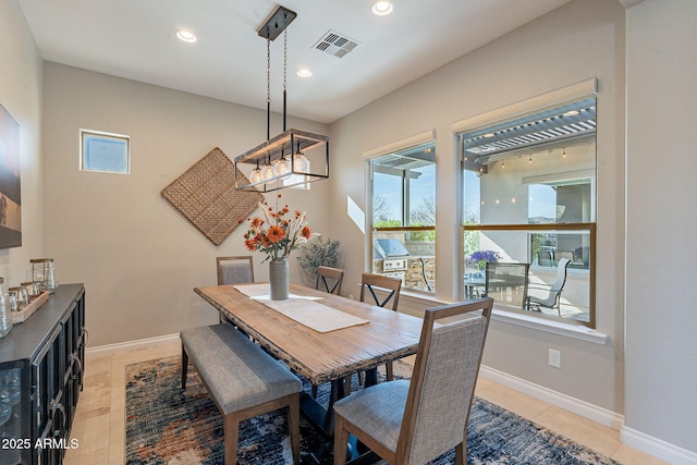 dining area with recessed lighting, visible vents, baseboards, and light tile patterned floors