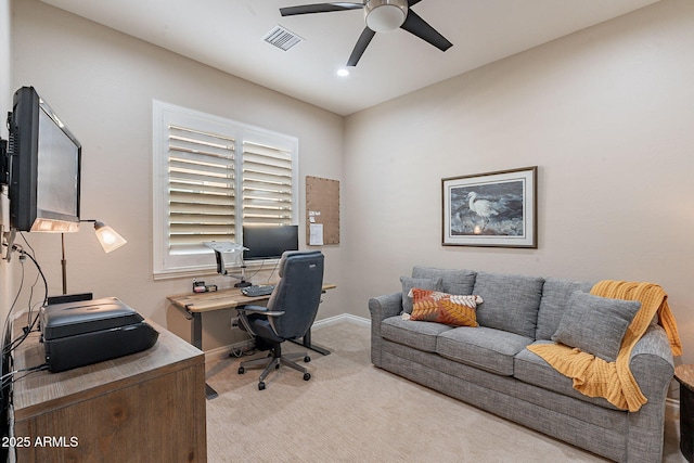 home office with visible vents, a ceiling fan, recessed lighting, carpet floors, and baseboards