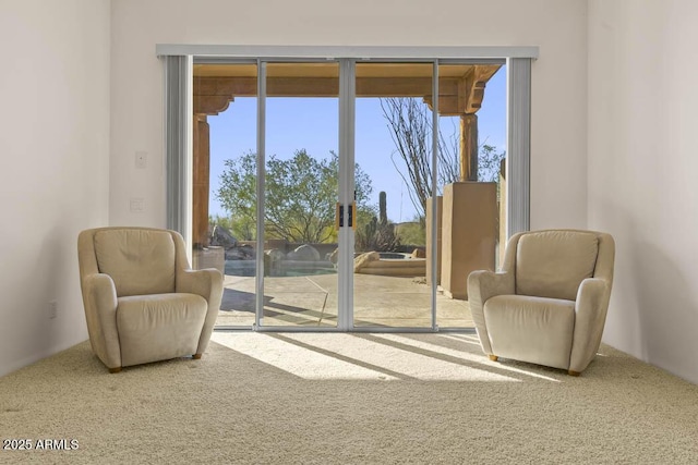 living area featuring plenty of natural light and carpet flooring